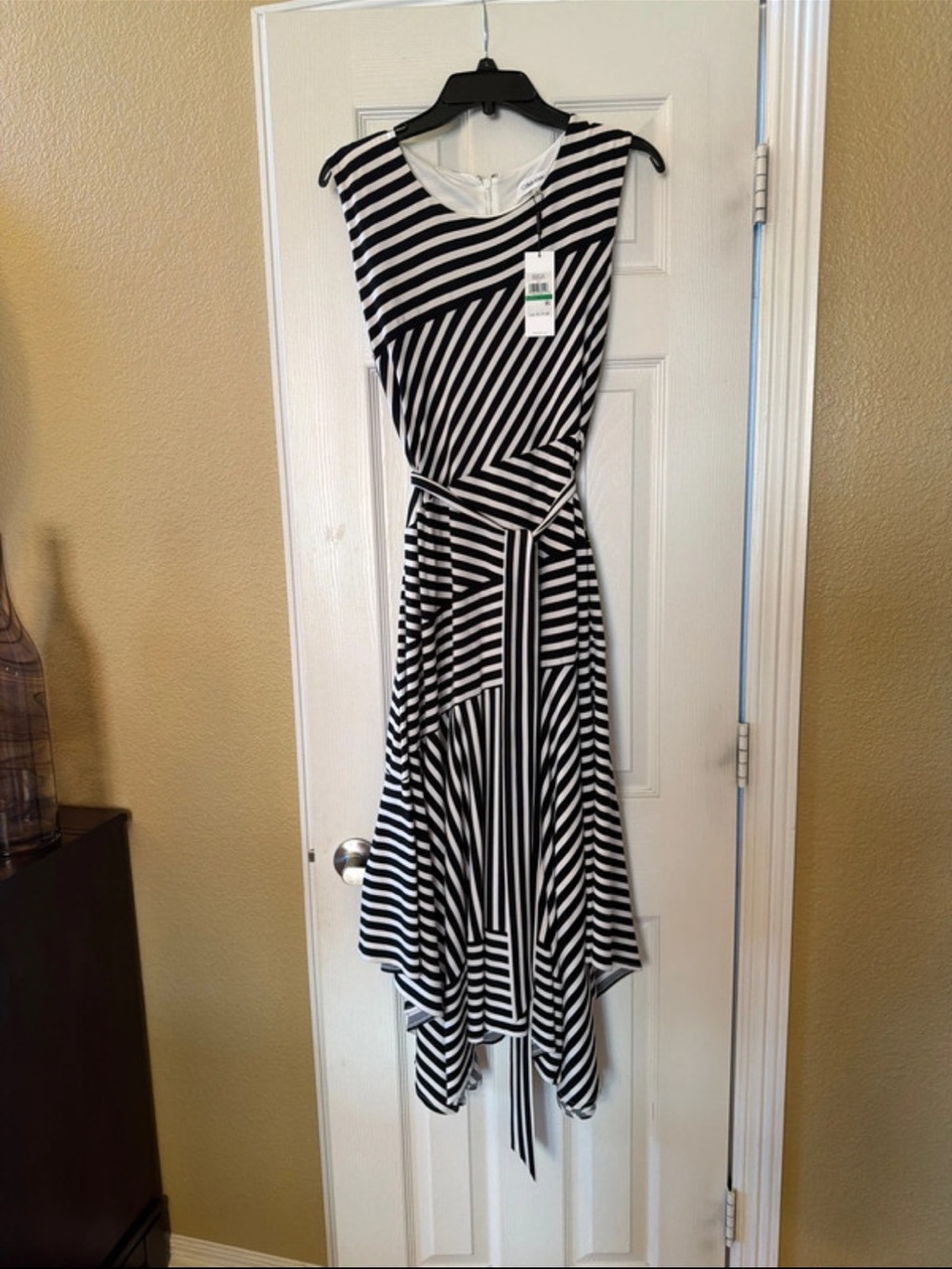 Calvin Klein Black and White Striped High-Low Dress
